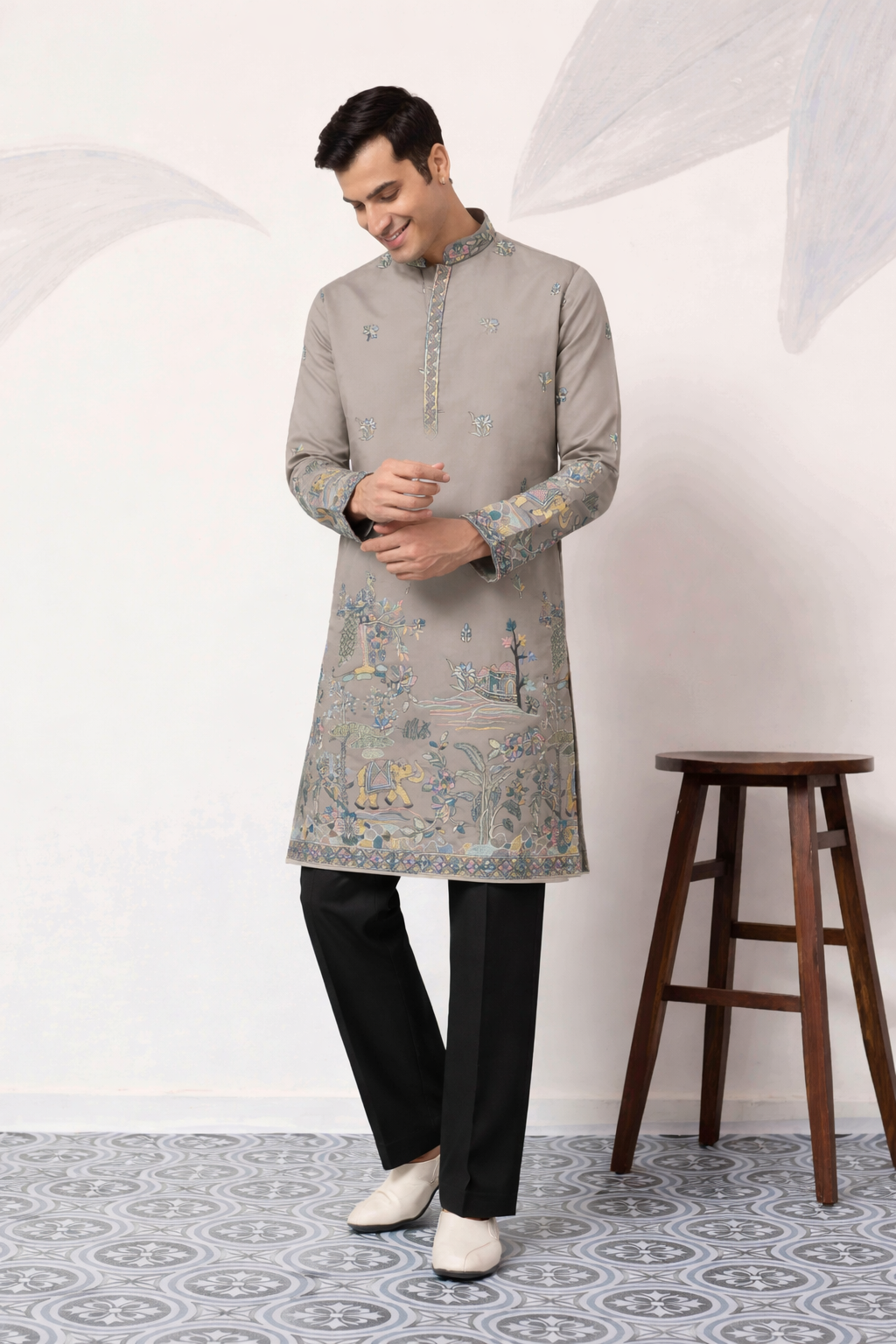 Wedding Traditional Look Grey Kurta for Mens Wear