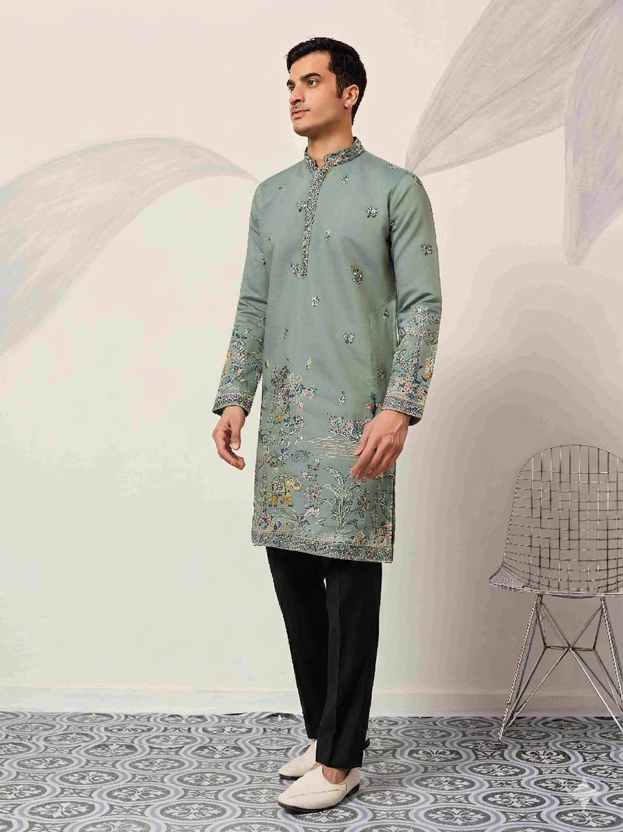 Stylish Pista Mens Wear Kurta for Wedding Occasions