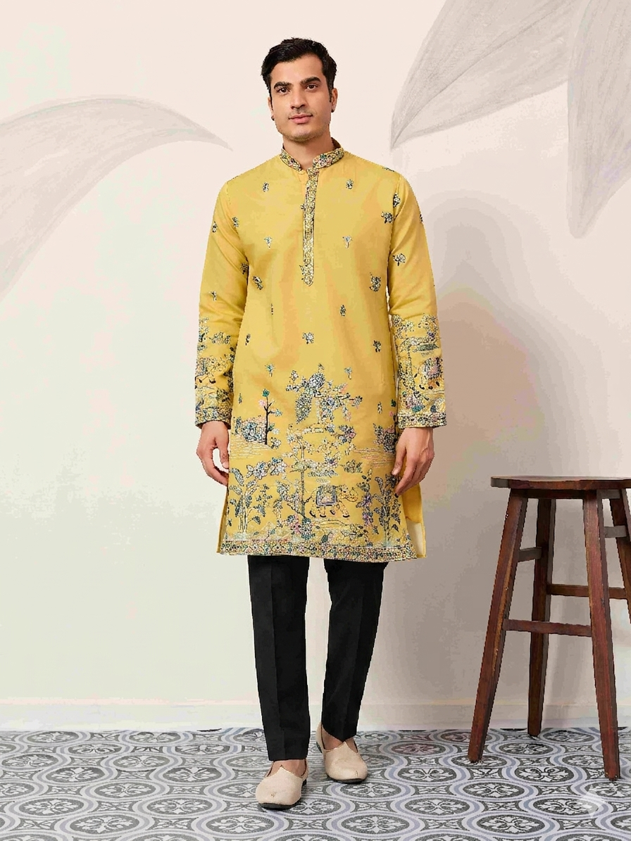 Elegant Haldi Yellow Mens Wear Kurta for Wedding Function