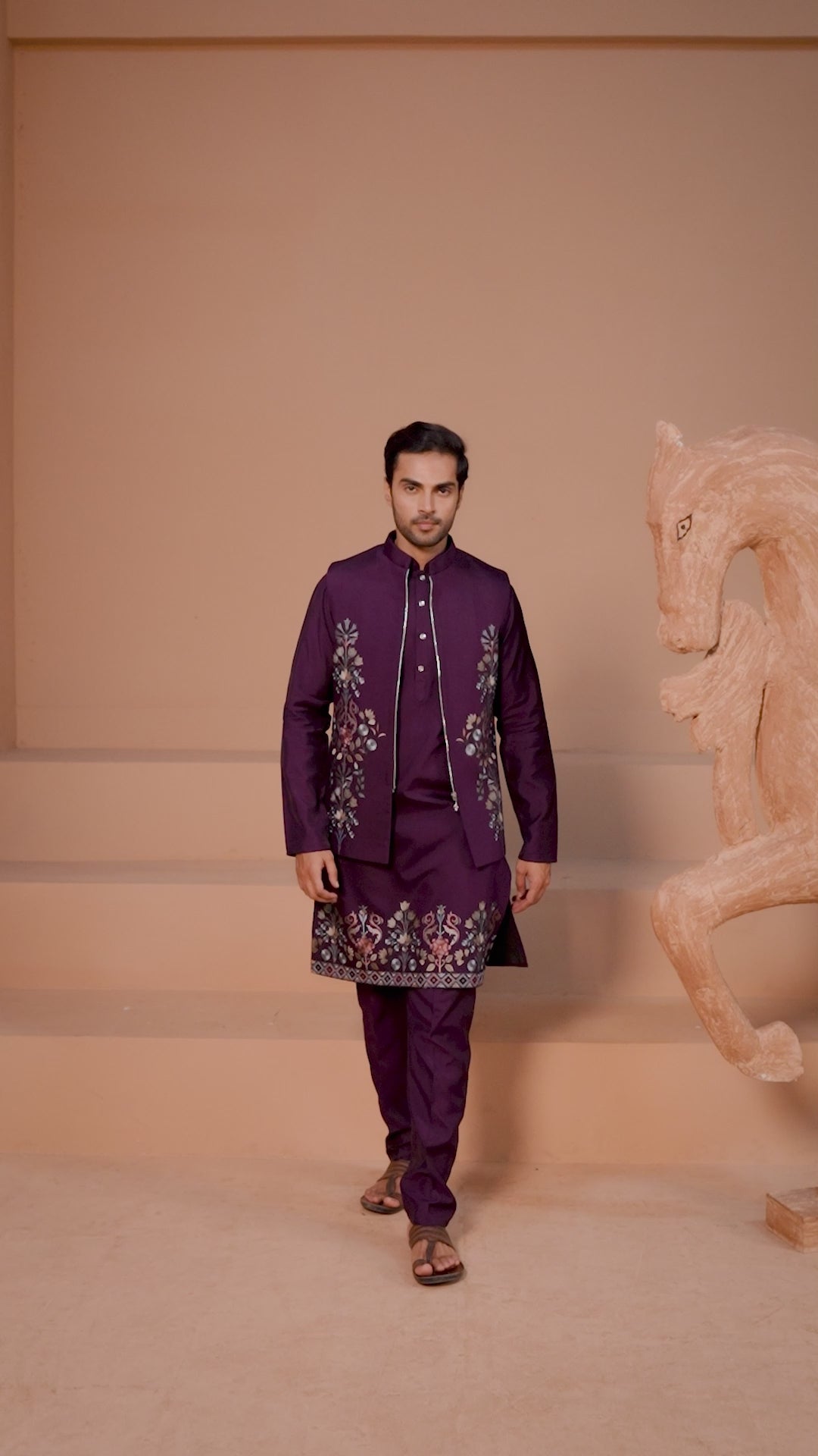 Vibrant Purple Color Koti Kurta Set Pair for Men Collection