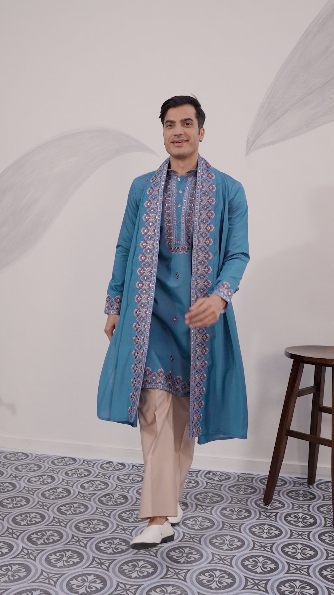 Wedding Royal Look Blue Kurta with Dupatta for Mens Wear