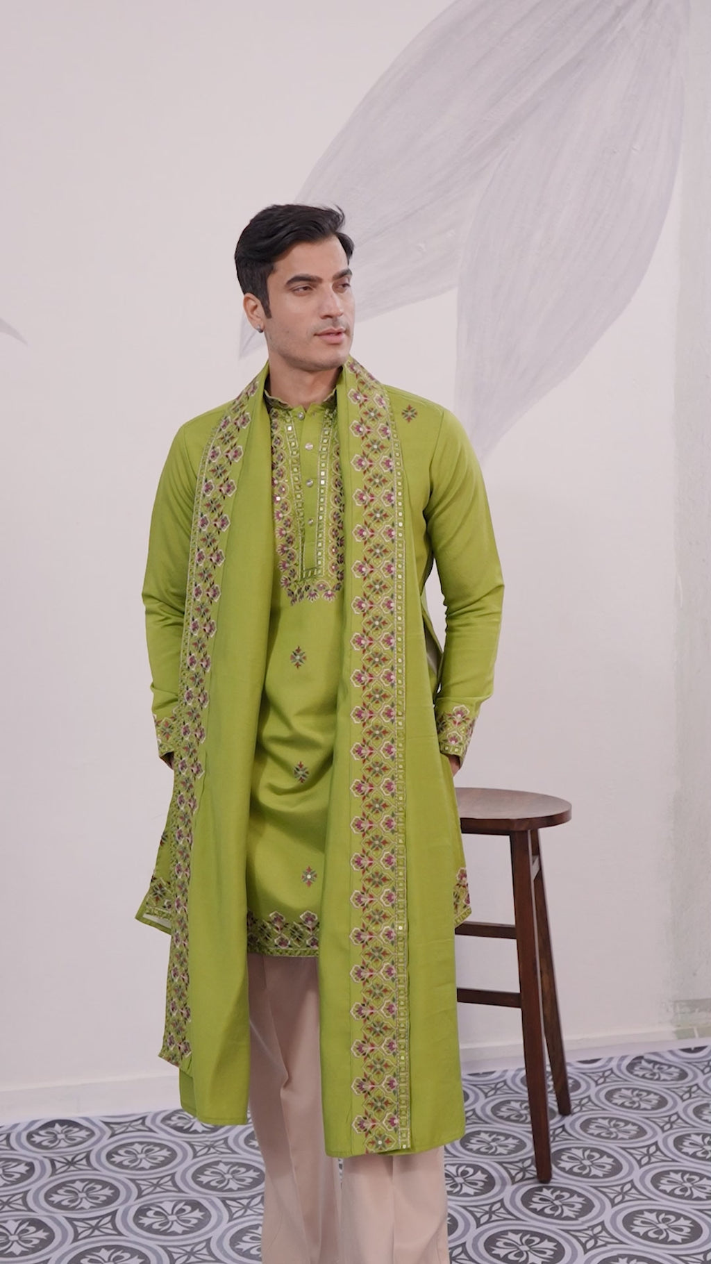 Classic Wedding Fluorescent Green Mens Wear Kurta with Dupatta