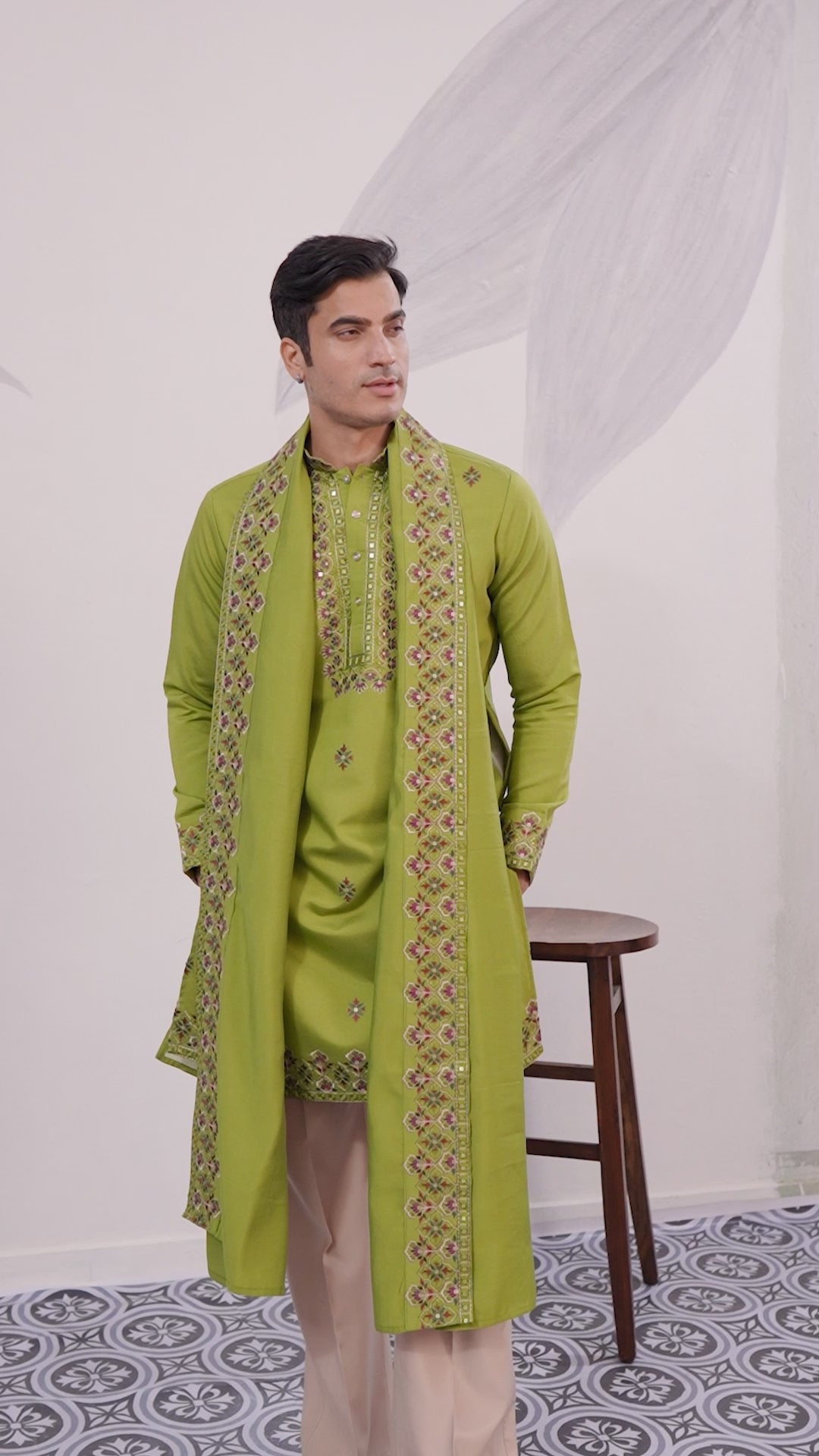 Classic Wedding Fluorescent Green Mens Wear Kurta with Dupatta