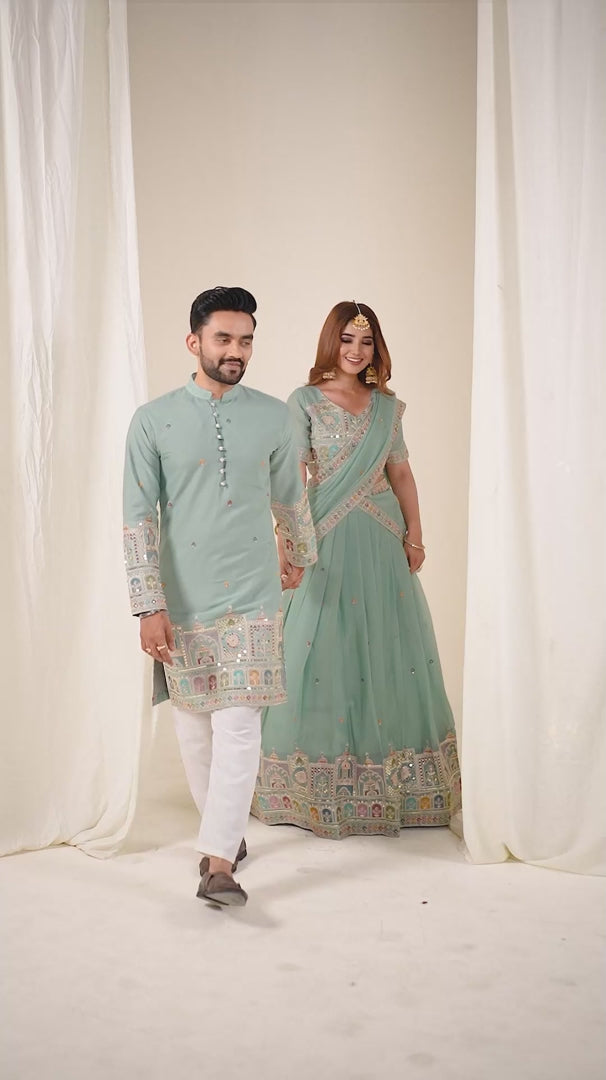 Designer Sky Green Festive Couple Wear Set