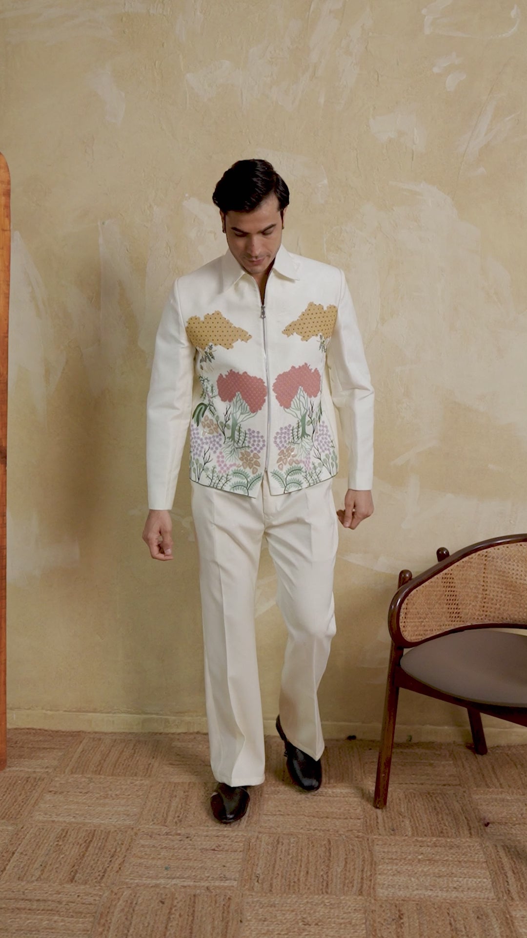 Premium White Velvet Embroidered Bomber Jacket with Pant for Mens Wear