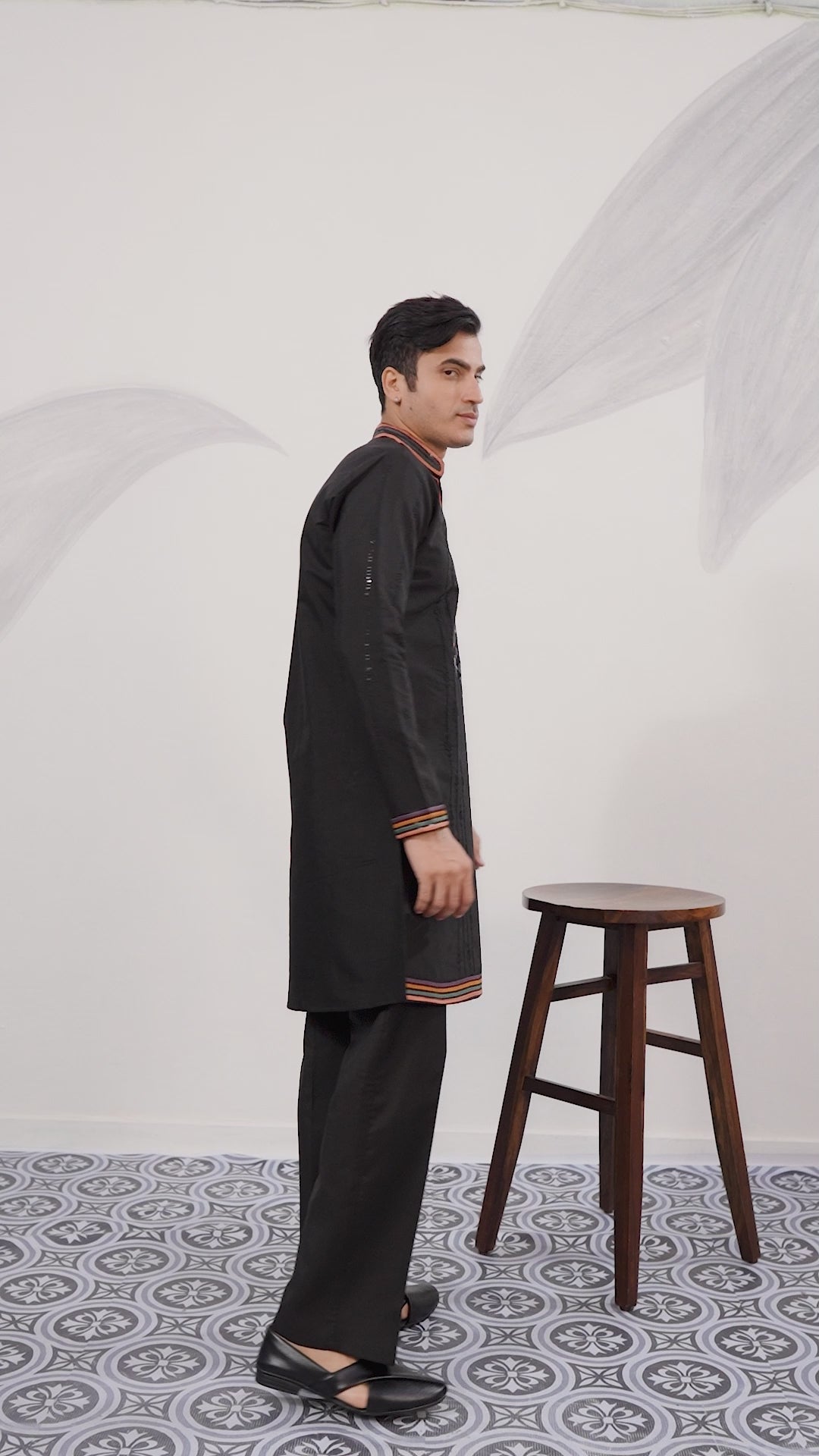 Party Wear Black V Neck Style Kurta Pant for Mens Wear