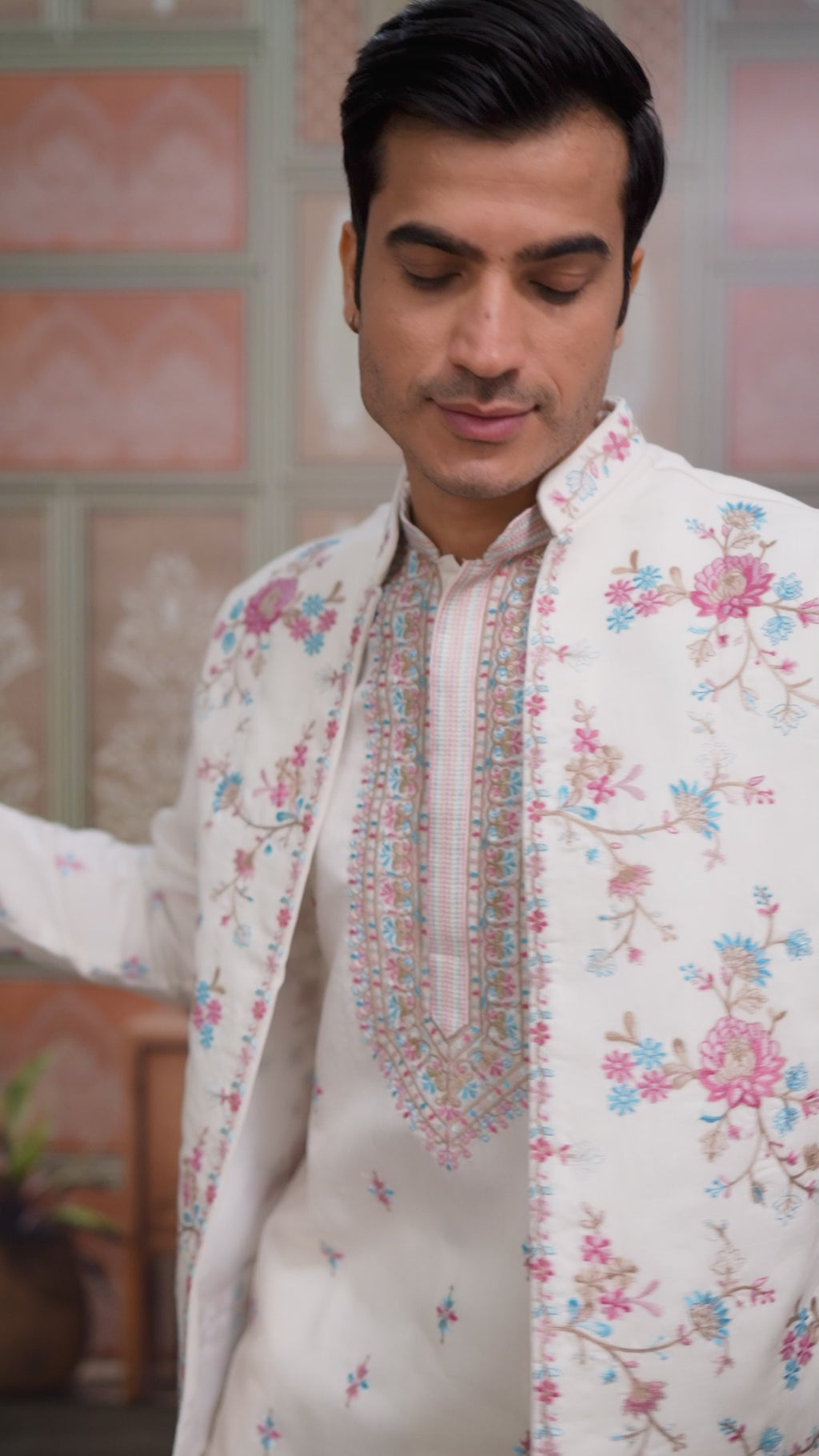 Ethnic White Embroidered Koti Kurta Set for Men