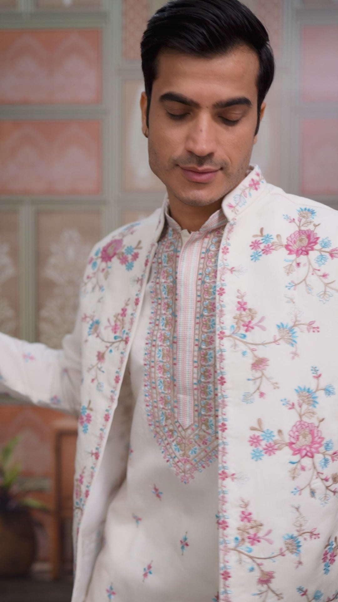 Ethnic White Embroidered Koti Kurta Set for Men