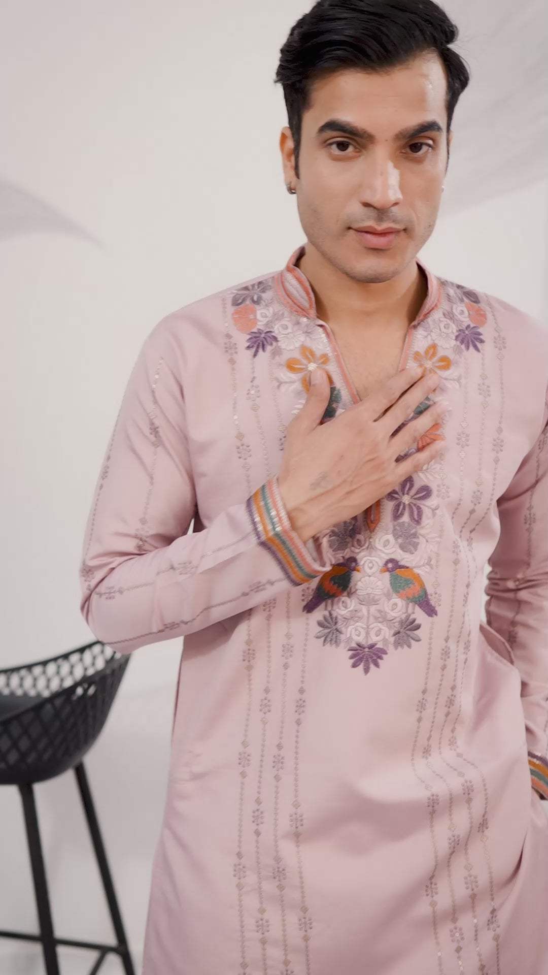 Kurta Classic Pink Embroidered V Neck Kurta Pant Outfit for Mens Wear