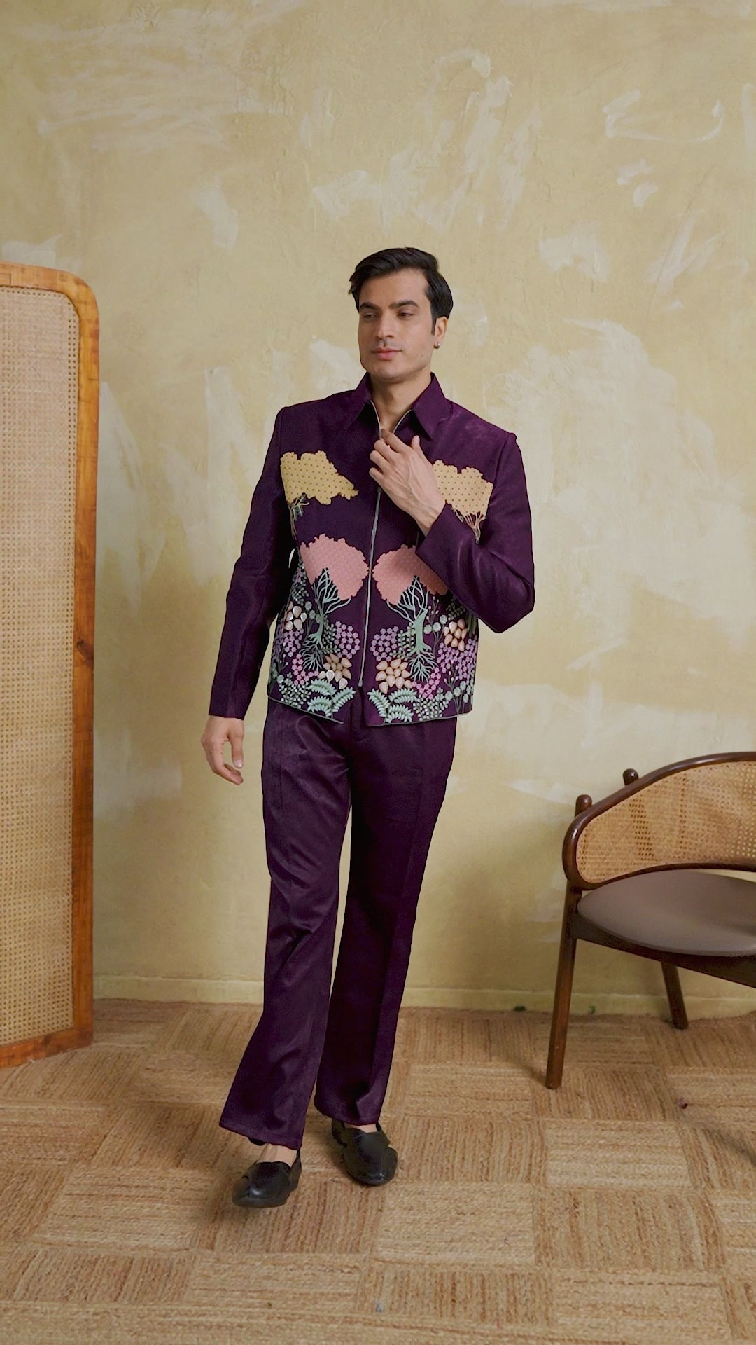 Stylish Wine Embroidery Bomber Jacket with Matching Pants for Mens Wear