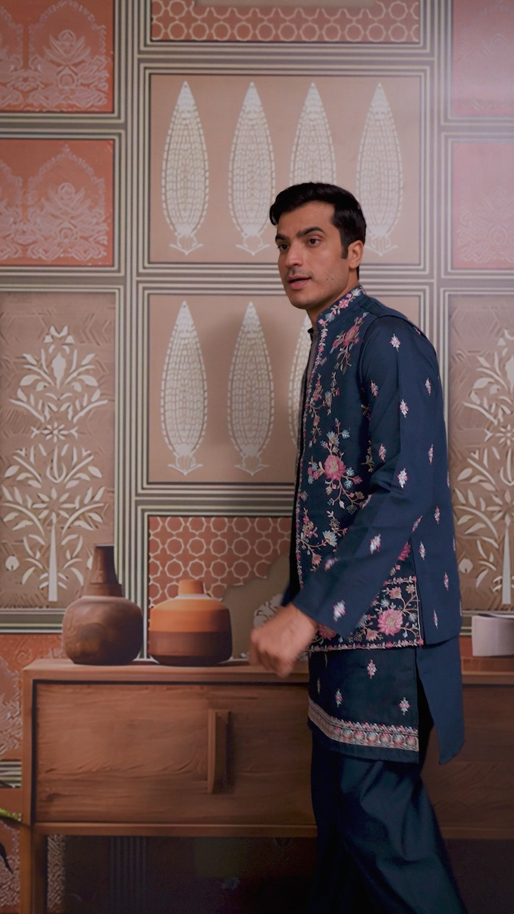 Mens Modern Teal Blue Open Koti Kurta Set for Men