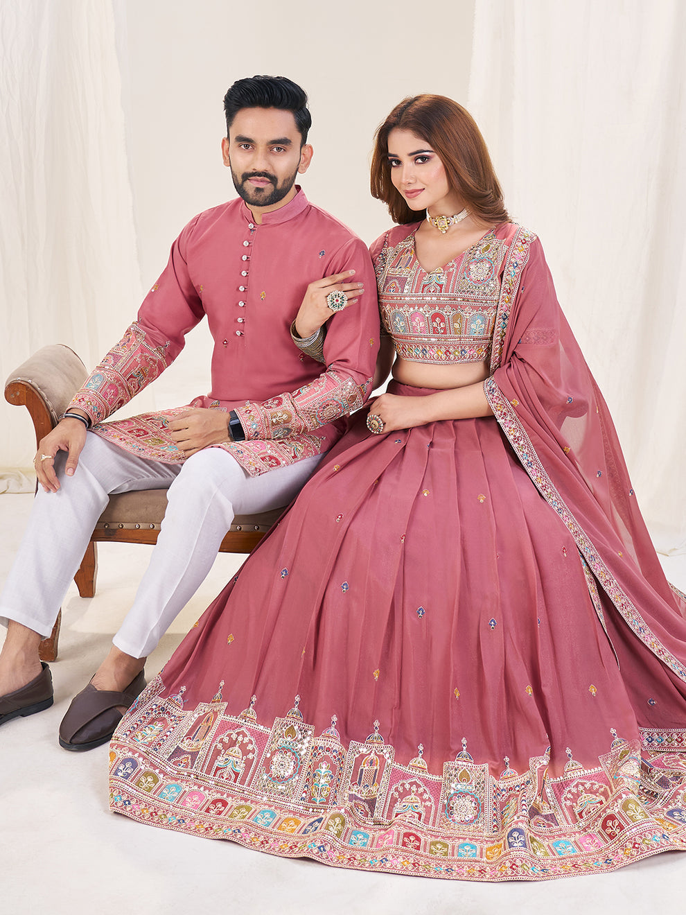 Elegant Couple Lehenga & Kurta Set – Pink