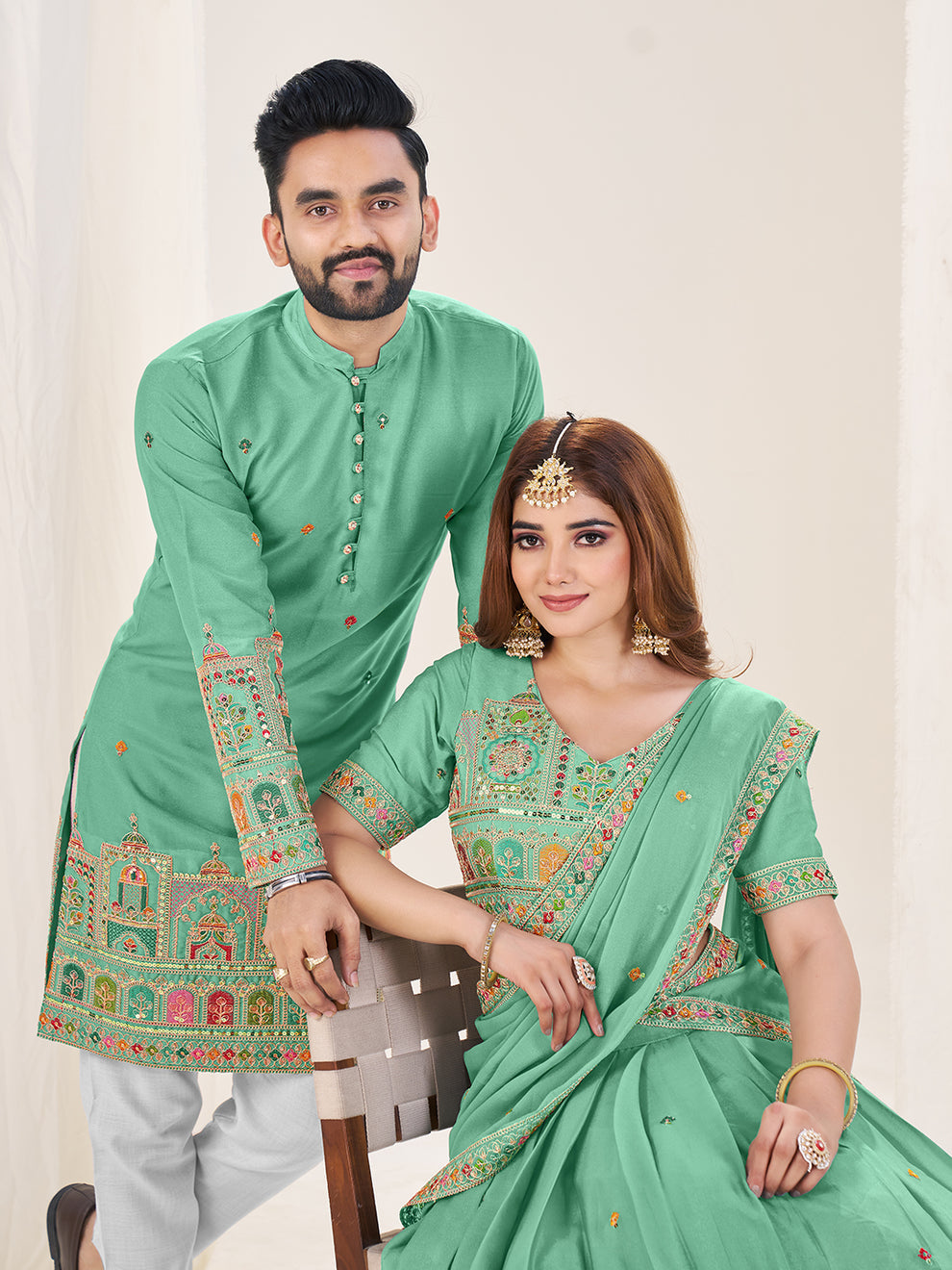 Designer Sky Green Festive Couple Wear Set