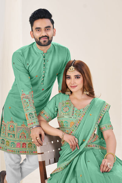 Designer Sky Green Festive Couple Wear Set
