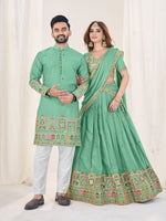 Designer Sky Green Festive Couple Wear Set