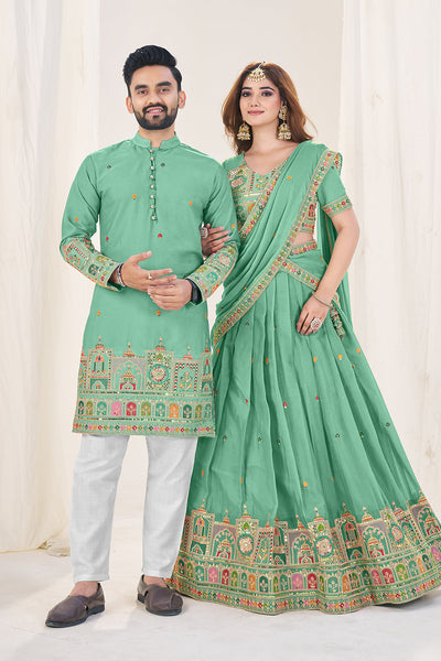 Designer Sky Green Festive Couple Wear Set
