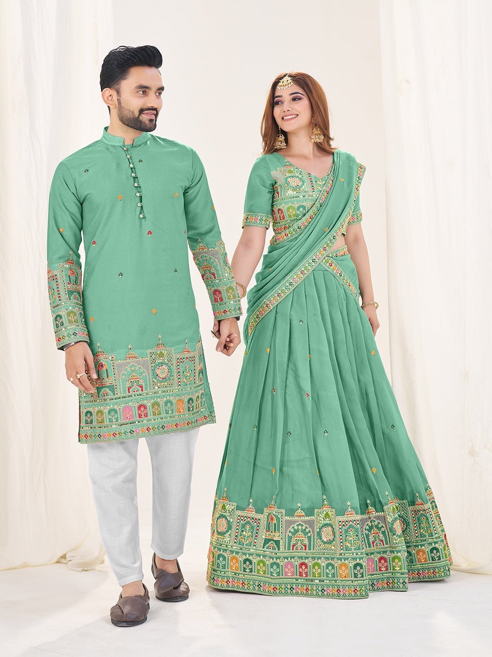 Designer Sky Green Festive Couple Wear Set