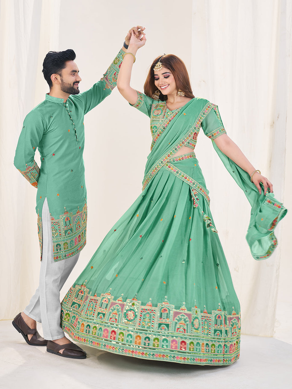 Designer Sky Green Festive Couple Wear Set