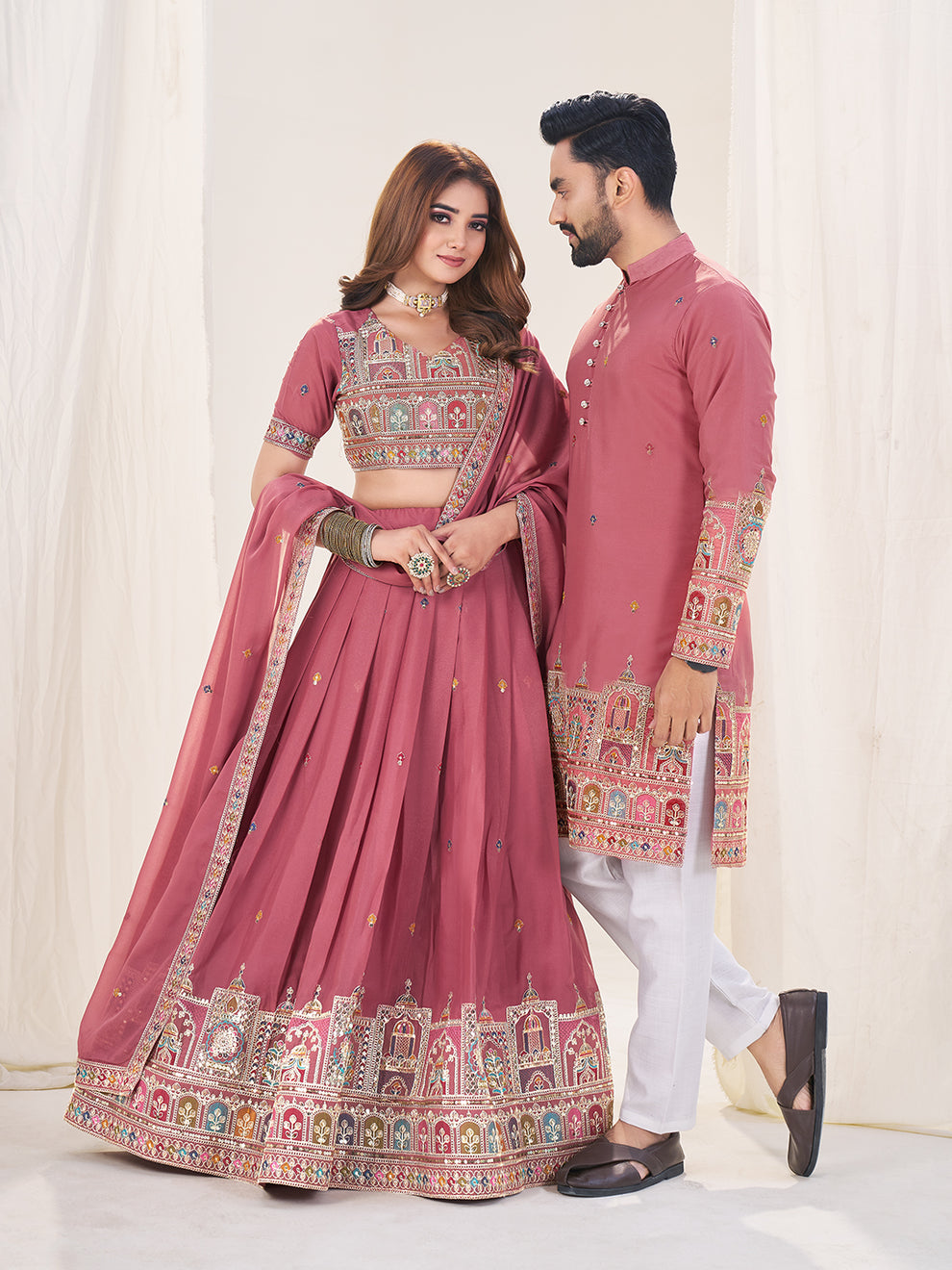 Elegant Couple Lehenga & Kurta Set – Pink