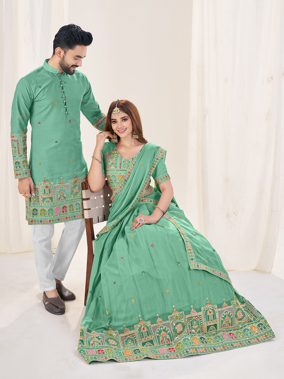 Designer Sky Green Festive Couple Wear Set