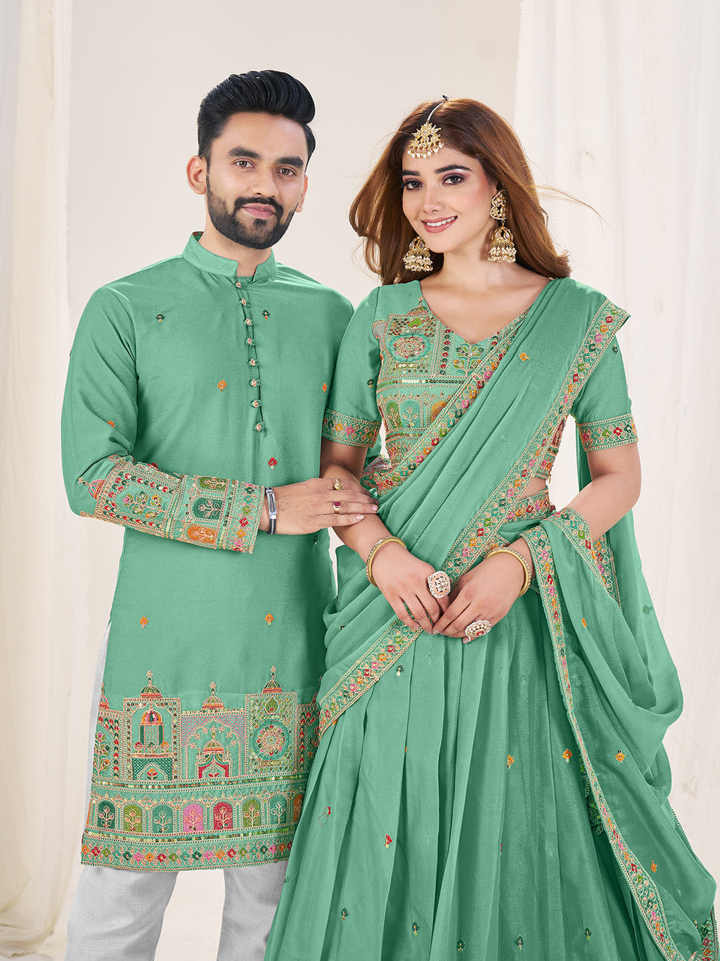 Designer Sky Green Festive Couple Wear Set